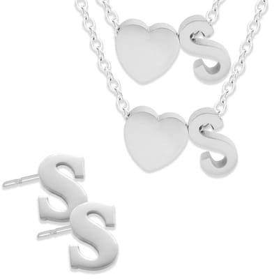 Initiaal Ketting & Armband & Oorbellen set met Letter S Zilverkleurig - Stainless Steel - Met letter & Hartje! - 3x Sieraden Cadeau - Pax Amare