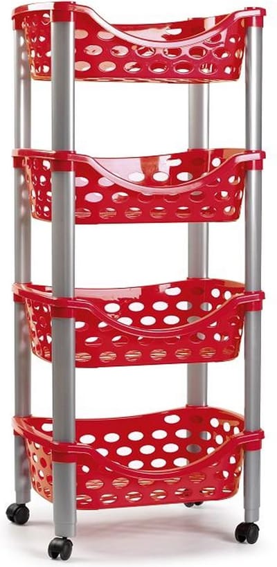 Plasticforte Trolley - keukentrolley op wieltjes - 4-laags - rood - kunststof - 40 x 88 cm - opbergtrolley