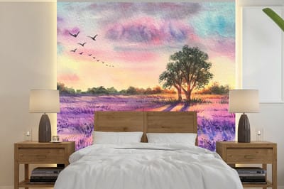 Behang - Fotobehang Lavendel - Verf - Vogels - Bomen - Paars - Breedte 300 cm x hoogte 300 cm