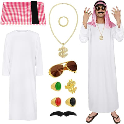 Arabische Sheik Outfit voor Mannen met Witte Gewaad, Geruite Sjaal, Bril en Baard - Perfect voor Cosplay en Carnaval
