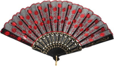 Elegante Spaanse Vouwfan met Pailletten en Rood Kant - Perfect voor Bruiloften, Dansvoorstellingen en Feesten (43 x 23 cm)