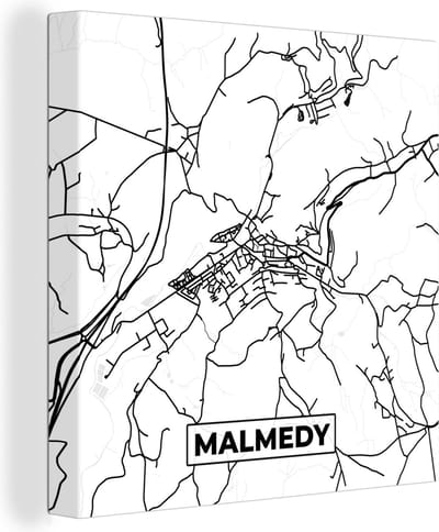 Canvas Schilderij Zwart Wit – België – Plattegrond – Stadskaart – Kaart – Malmedy - 20x20 cm - Wanddecoratie