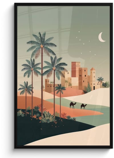 Poster in lijst - Fotolijst 80x120 cm - Posters - Nachtlandschap - Kamelen - Sterren - zandduinden - Posterlijst zwart - Decoratie - Wanddecoratie woonkamer - Muurdecoratie slaapkamer