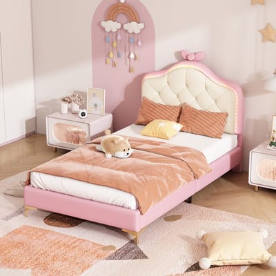 Gutent kinderbed (90 x 200 cm) - Roze (zonder matras) - strikmotief - LED-lichtstrip - PU-stof