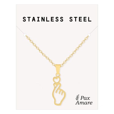 Cadeau Ketting met Kpop Vingers & Hart - Roestvrij Staal - Goudkleurig - Cadeau Sieraad op Kaartje - Pax Amare