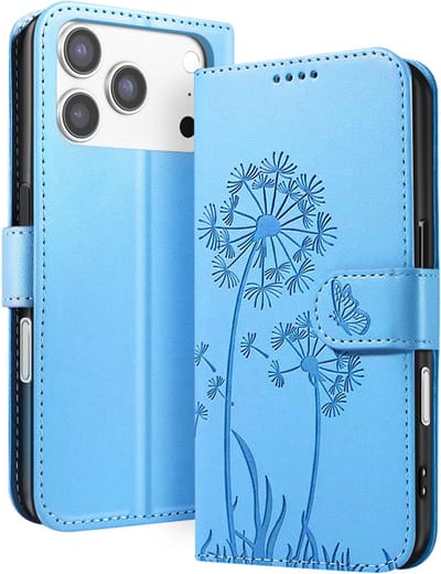 Zanae, Portemonnee Hoesje Geschikt voor Apple iPhone 17 Pro Premium Design Bloemen Vlinder, Lichtblauw
