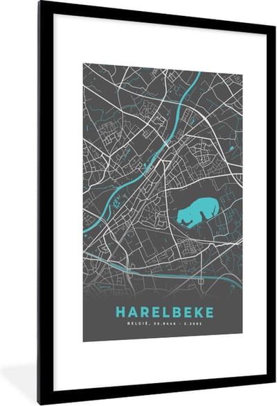 Fotolijst incl. Poster - België – Harelbeke – Stadskaart – Kaart – Blauw – Plattegrond - 60x90 cm - Posterlijst