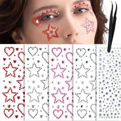 Solidchoice- Gezichtsstenen Set van 5 Vellen - Zelfklevende Haarstenen - Festival Juweel Stickers - Sterrenhart/Juwelen - Kleurrijke Strass Stickers - Inclusief Pincet - Gezichtsieraden