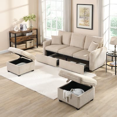 U-Bank, 3-Zits Bank, Multifunctionele Hoekbank U-vormige Driezits Gestoffeerde Bank met Opbergfunctie - Inclusief Lades + Kruk met Opbergvak, Modulair Gedemonteerd Bankstel met Slaapfunctie, Corduroy Stof -Beige