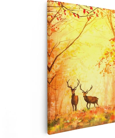 Artaza Canvas Schilderij Herten - 80x120 cm - Groot - Wanddecoratie Bos - Muurdecoratie Herfst - Schilderijen Op Canvas