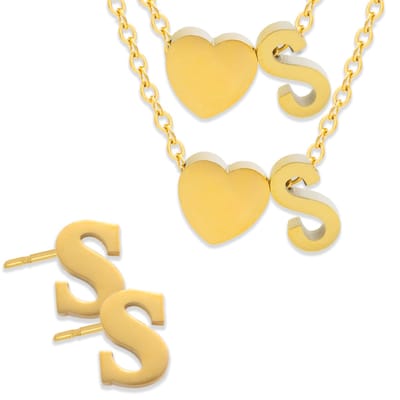 Initiaal Ketting & Armband & Oorbellen set met Letter S Goudkleurig - Stainless Steel - Met letter & Hartje! - 3x Sieraden Cadeau - Pax Amare