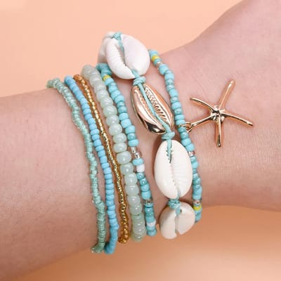 7 Stuks/Set Zomer Zeester Armband Set Voor Vrouwen Schelp Rijstkorrels Elastische Ketting Armband Meisjes Boheemse Strand Sieraden Accessoires