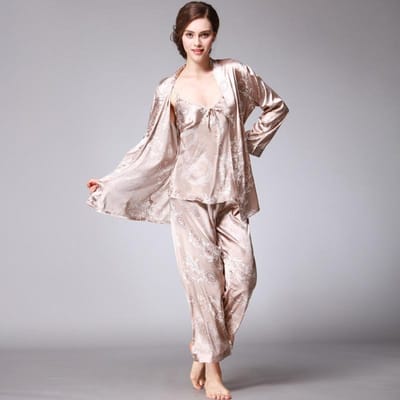 Dames Zijde Satijnen Pyjama Set 3 Stuks Bloemen Zijdeachtige PJ Sets Nachtkleding Cami Nachtkleding met Badjas en Broek L white