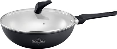Swiss Haus® LW30B Wokpan Inductie met Deksel - Ø 30 cm / 4.5 Liter - PFAS Vrij - Wokpannen Voor Alle Warmtebronnen - Wok Pan Met Sapphire™ Antiaanbaklaag - Zwart
