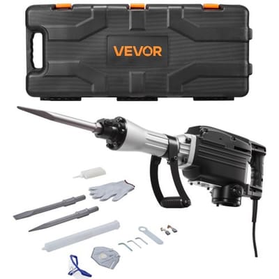 VEVOR elektrische sloophamer, betonhamer 2800 W, 1200 slagen per minuut, pneumatische hamer met puntbeitel, platte beitel, draagtas, handschoenen en veiligheidsbril, voor betonnen muren, bakstenen, tegels en funderingen.