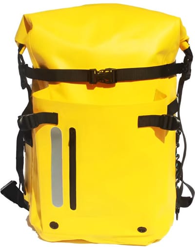 CarryQuest® - 30L Waterdichte Dry Bag Rugzak - 500D PVC Droge Tas met Rolsluiting, Vinnenvak, Borst- & Tailleriem, Rugventilatie & Gewatteerde Schouderbanden - 60x33x15 cm - Geel