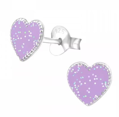 La Rosa Princesa Hartvormige Oorbellen Meisje Paarse Glitter Zilver – 7mm Oorknopjes – Kinderoorbellen Cadeau voor Meisjes