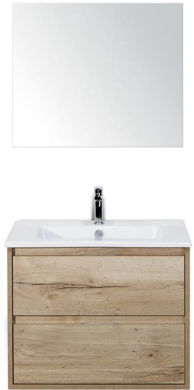Porto Badmeubelset 70 cm - Natuur Eiken - Keramische Wastafel Wit Slim met Spiegel