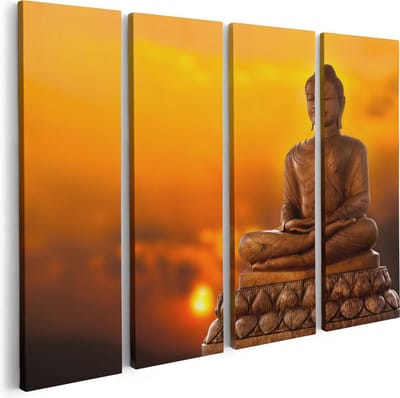 Artaza Canvas Schilderij Vierluik Boeddha Standbeeld Bij Zonsondergang - 80x60 - Foto Op Canvas - Canvas Print