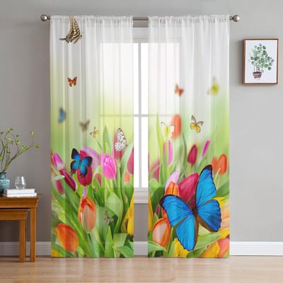 Vlinder Groen Blad Bloem Moderne Tule Gordijnen Voor Woonkamer Slaapkamer Thuis Keuken Raam Transparante Gordijnen 135W x 114H(cm) white