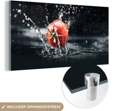 MuchoWow® Glasschilderij 120x60 cm - Schilderij acrylglas - Tomaat - Groente - Stilleven - Water - Rood - Foto op glas - Schilderijen