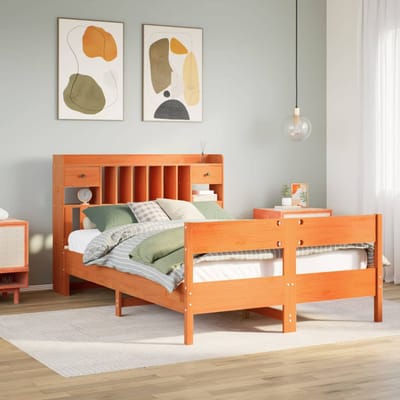 vidaXL - Bed - met - boekenkast - zonder - matras - grenenhout - wasbruin - 135x190 - cm