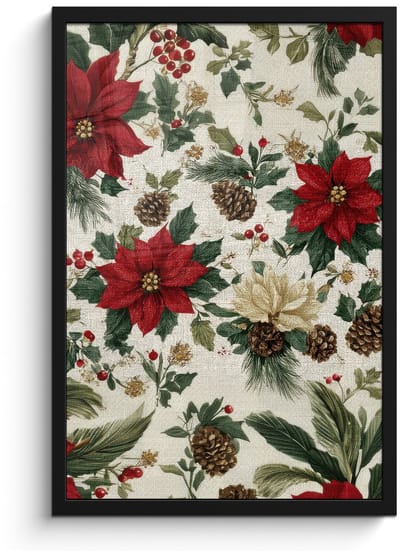 Poster in lijst - Fotolijst 40x60 cm - Posters - Feestelijk - Textielpatroon - Kerstbloemen - Kleurrijk - Posterlijst zwart - Decoratie - Wanddecoratie woonkamer - Muurdecoratie slaapkamer - Kerstversiering - Kerstdecoratie voor binnen - Kerstmis