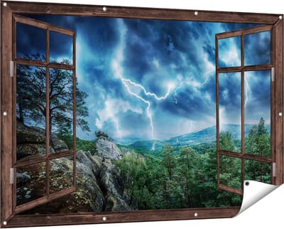 Gards Tuinposter Doorkijk Onweer in het Bos - Bliksem - 150x100 cm - Tuindoek - Tuindecoratie - Wanddecoratie buiten - Tuinschilderij