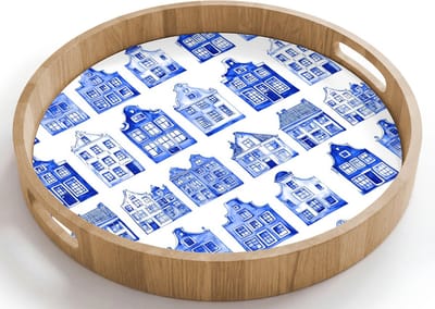 Dienblad rond 40x40 cm - Schootdienblad hout - Patroon - Huizen - Blauw - Borrelplank rechthoek - Plateau houten dienbladen