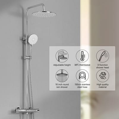 CECIPA max Regendouche met Thermostaatkraan - Douchesysteem - 10 inch Douchekop - 3-functie handdouche - Doucheset - Waterbesparend - Chroom