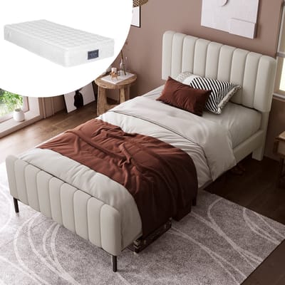Gestoffeerd eenpersoonsbed 90 x 200 cm, bedframe met lattenbodem en verstelbaar hoofdeinde, gestoffeerd bed in grijsbeige, bedframe jeugdbed voor slaapkamer logeerkamer - linnen materiaal (inclusief matras)