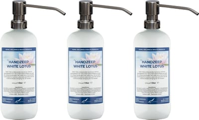 Handzeep White Lotus 1 liter - set van 3 stuks - met gratis RVS zilverkleurige pomp - Voordeelverpakking
