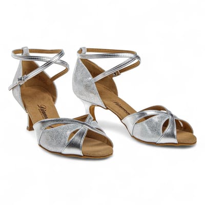 Dames Latin open Dansschoenen - Diamant 141 - 077 - 463 - Kunstleer/Suede - Lage stabiele 5cm hak - Zachte voetbed - Schokdemping - Flexibele suede buitenzool - Gesp met druksluiting - Latin, Salsa, Kizomba, Bachata - Diamant - Zilver - 40
