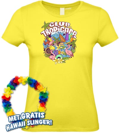 Dames t-shirt Flamingo Summer | Toppers in Concert 2024 | Club Tropicana | Hawaii Shirt | Ibiza Kleding | Lichtgeel Dames | maat XS
