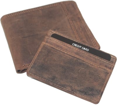 Oi Hunter bruine leren billfold met uitneembaar creditcardmapje / platte herenportemonnee met los pasjesmapje / compacte heren beurs laag model / skim vrij / bruin leer / 354H