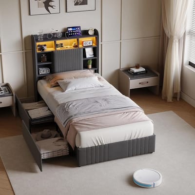 Gestoffeerd Bed - Eenpersoonsbed Lades - Slaapkamer Organisatie - Geïntegreerd Laadstation - 90x200 cm - Grijs