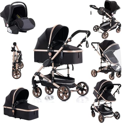 Kinderwagen 3-in-1 - Combi kinderwagen Reiswieg - Babyvervoer - Vierwielschokabsorptie - 83 x 45 x 51 cm - Khaki