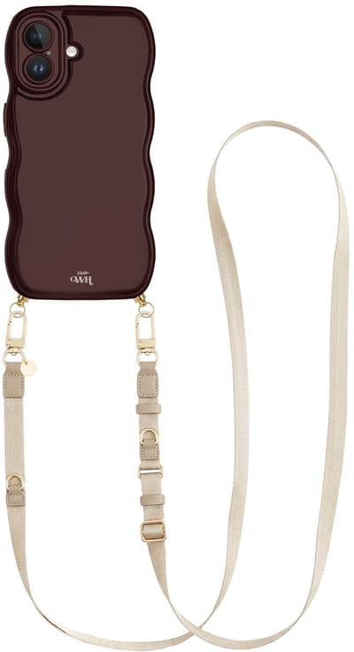 xoxo Wildhearts Glossy Wavy Cord Case Burgundy - Geschikt voor iPhone 17 - Lanyard Strap (Beige) - Lang koord - Glimmend telefoonhoesje met golven - Hoesje met koord - Stevig telefoonkoord - Lange telefoonketting - Bordeaux rood hoesje