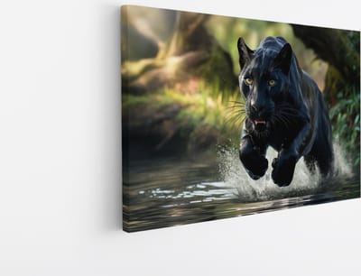 Saammp Canvas Schilderij - Zwarte Panter in het water - Natuur - Dieren - 45x30 - Foto op canvas - Wanddecoratie - Muurdecoratie Woonkamer - Slaapkamer decoratie - Canvas Print