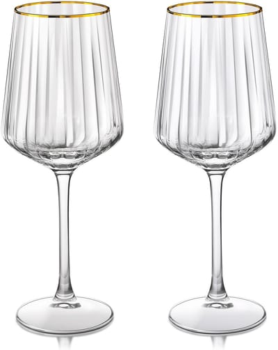 Dailygoods- Wijnglazen Handgeblazen Kristal - Set van 2 - 560 ml - Goudkleurige Rand - Tafeldecoratie - Uniek Ontwerp - Drinkglazen