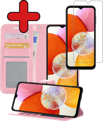 Hoesje - Met Screenprotector - Geschikt voor Samsung Galaxy A14 - Luxe Pasjeshouder - Flipcase - Bookcase Portemonee - Flip Case - Kunstleer Book Case - Book Cover - Walletcase - Portemonneehoes - Telefoonhoes - Lichtroze