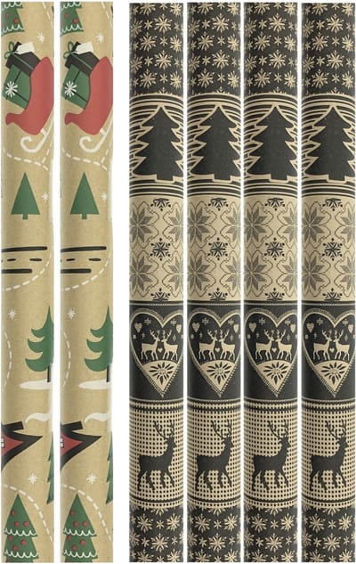 Assortiment kraft cadeaupapier - inpakpapier kerstpapier HO202201 - 2 meter x 70 cm - 6 rollen