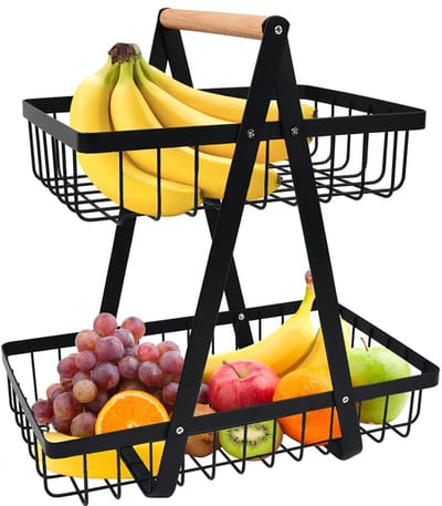 Unyqoos ® Fraaie Dubbele Fruitschaal met Houten Handvat en Twee Etagères voor Keuken en Kantoor