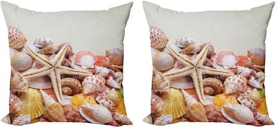 ABAKUHAUS Decoratieve kussenhoes met oceaanmotief, 2 stuks, stapel schelpen op het strand, 40x40 cm, kokoscrème oranje