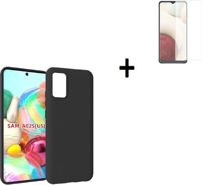 Hoesje Geschikt voor Samsung Galaxy A02s - Siliconen - Screenprotector A02s - Hoesje Zwart Case + Tempered Glass