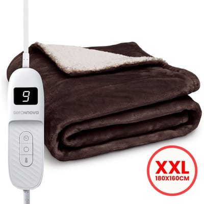 Seranova Elektrische Deken XXL - 180x160 cm - 2 persoons Bovendeken - Warmtedeken - Dubbelzijdig - Fleece Sherpa - Kastanjebruin