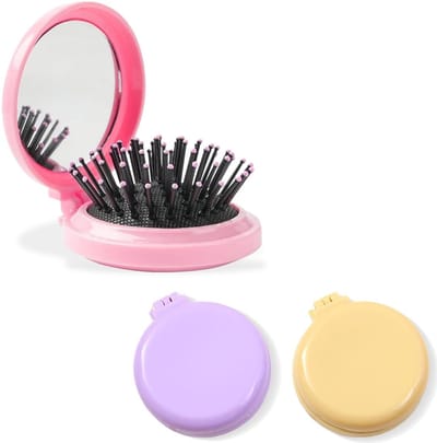 Dailygoods - 3 stuks mini-ronde haarborstels met spiegel, mini-haarborstel, opvouwbaar, reisformaat, compacte haarmassagekam, draagbare haarborstel, kappersgereedschap voor vrouwen