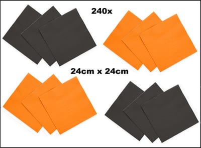 240x Servetten zwart en oranje 24cm x 24cm - 3 laags - Cocktail servet diner eten knoeien restaurant BBQ thema feest verjaardag feest WK