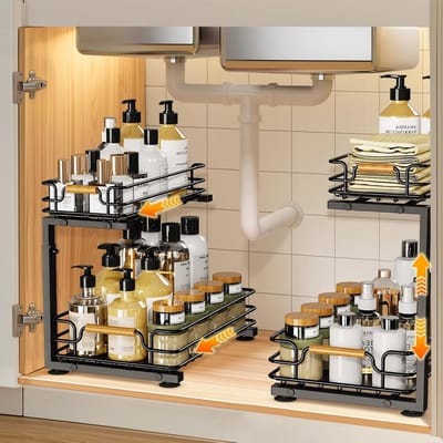 2-laags metalen afwasorganizer - Verstelbare keukenkast rek voor badkamer en keuken, ideaal voor schoonmaaktools en opslag van keukengerei, 44.5 cm hoog