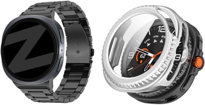 Bandz Bundel – RVS Schakelband ‘Classic’ – Zwart – (inclusief Inkortset) + Hard Case met Screenprotector Glas – Zilver – geschikt voor Samsung Galaxy Watch 8 Classic (46mm)